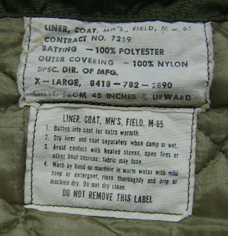 Army M-65 Field Jacket liner label