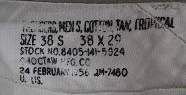 Vietnam M-56 Tropical Tan (u665) khaki pants label